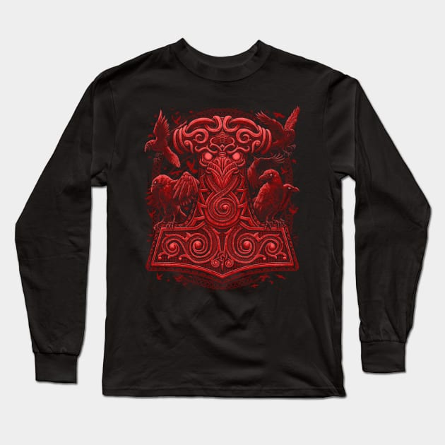 Viking Thors Raven Hammer Norse Red Mjolnir Pagan Ravens Long Sleeve T-Shirt by Blue Pagan